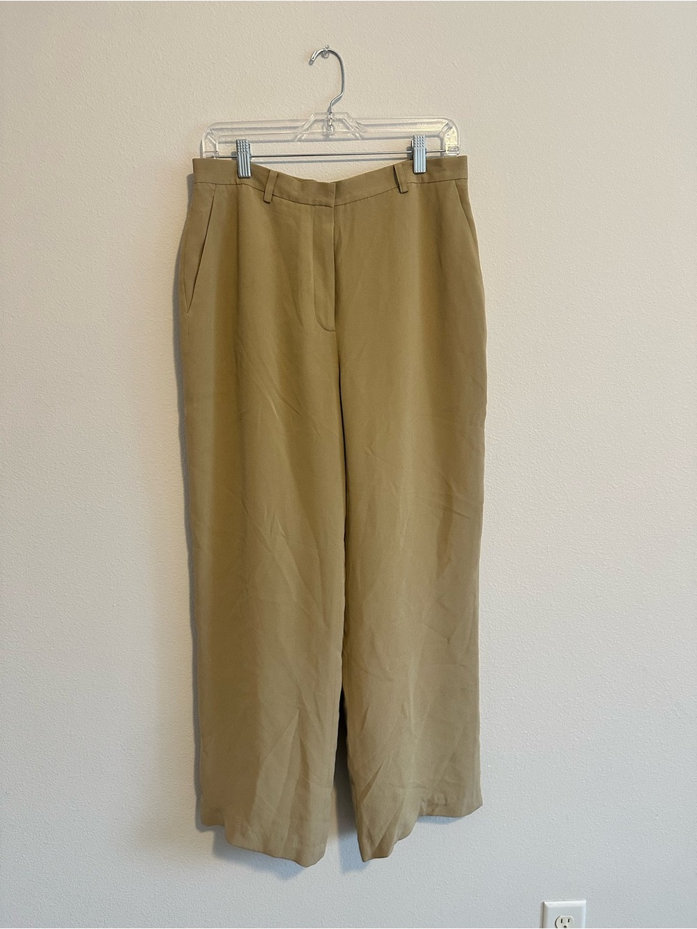 Women’s Wide Leg Tan 100% Silk Flowy Pants Size 12 Office Chic Workwear